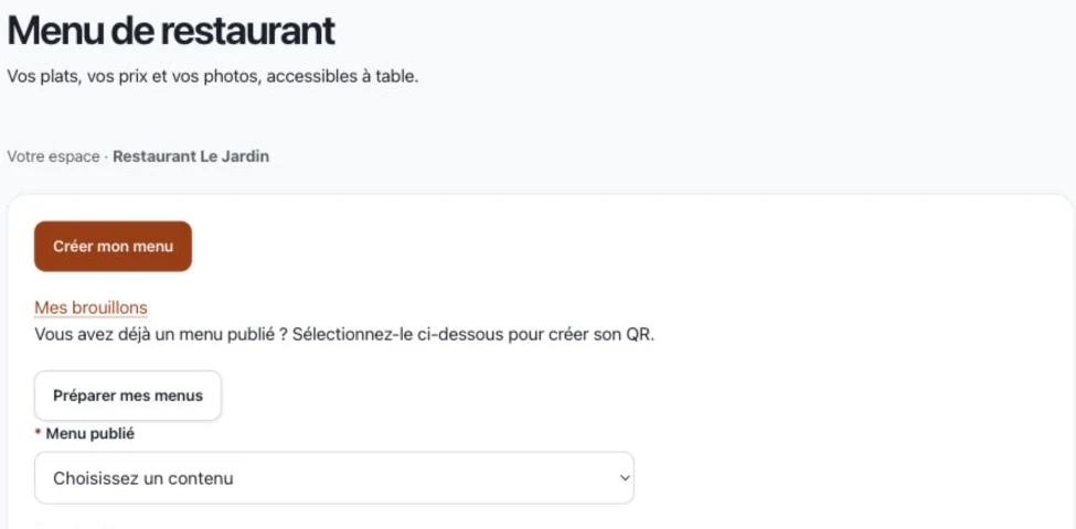 Le bouton Créer mon menu ouvre le formulaire.