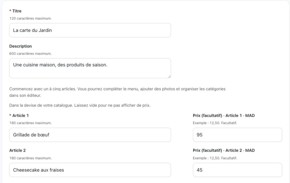Les deux premiers articles du menu d’exemple.