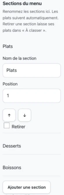 Le nom, la position et l’ajout des sections.
