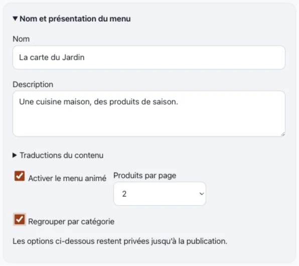 Les réglages du menu animé et des catégories.