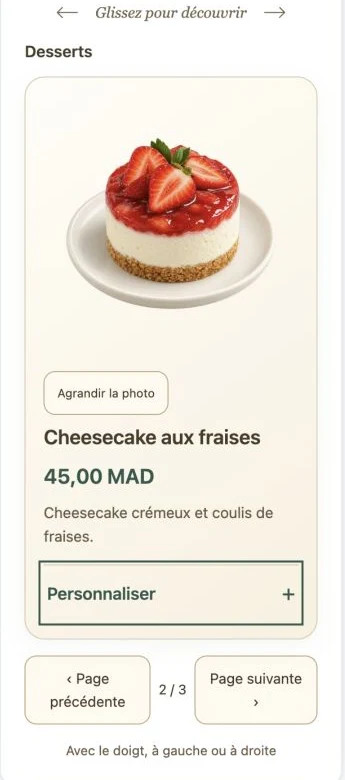 Le cheesecake dans l’aperçu mobile du menu fictif.