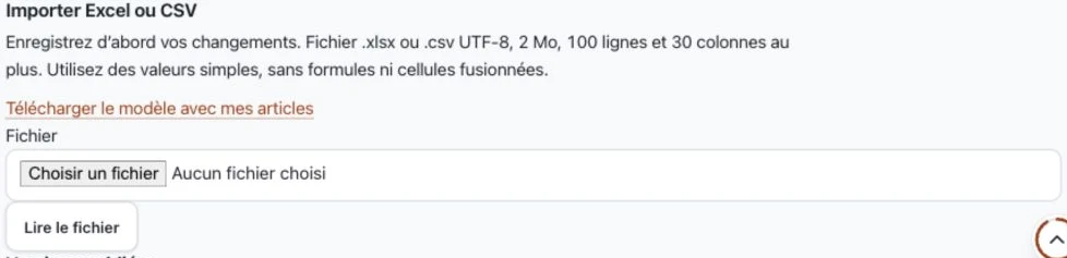 L’import et le modèle téléchargeable dans l’atelier.