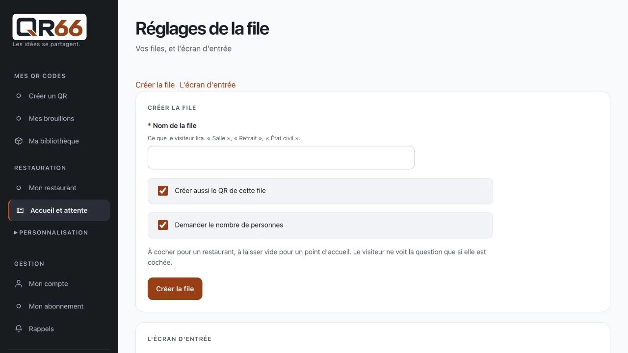 Écran QR66 : Mettre en place une file d’attente