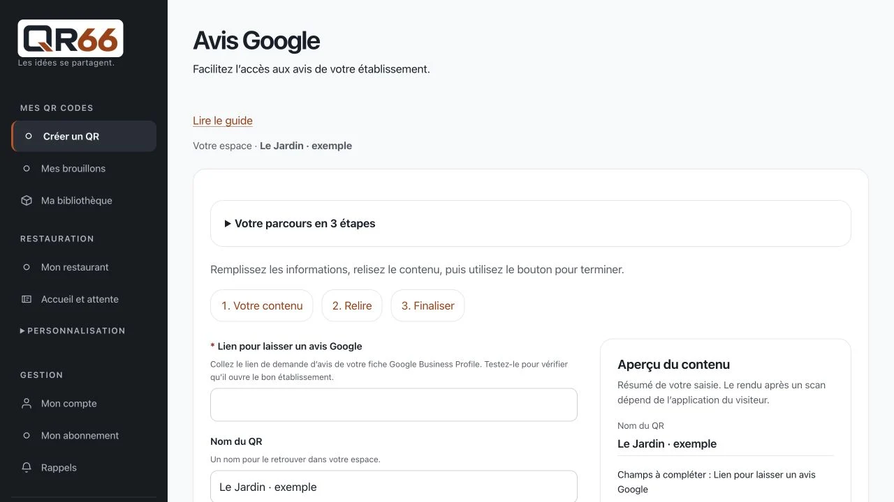 Écran QR66 : Partager votre lien d’avis Google