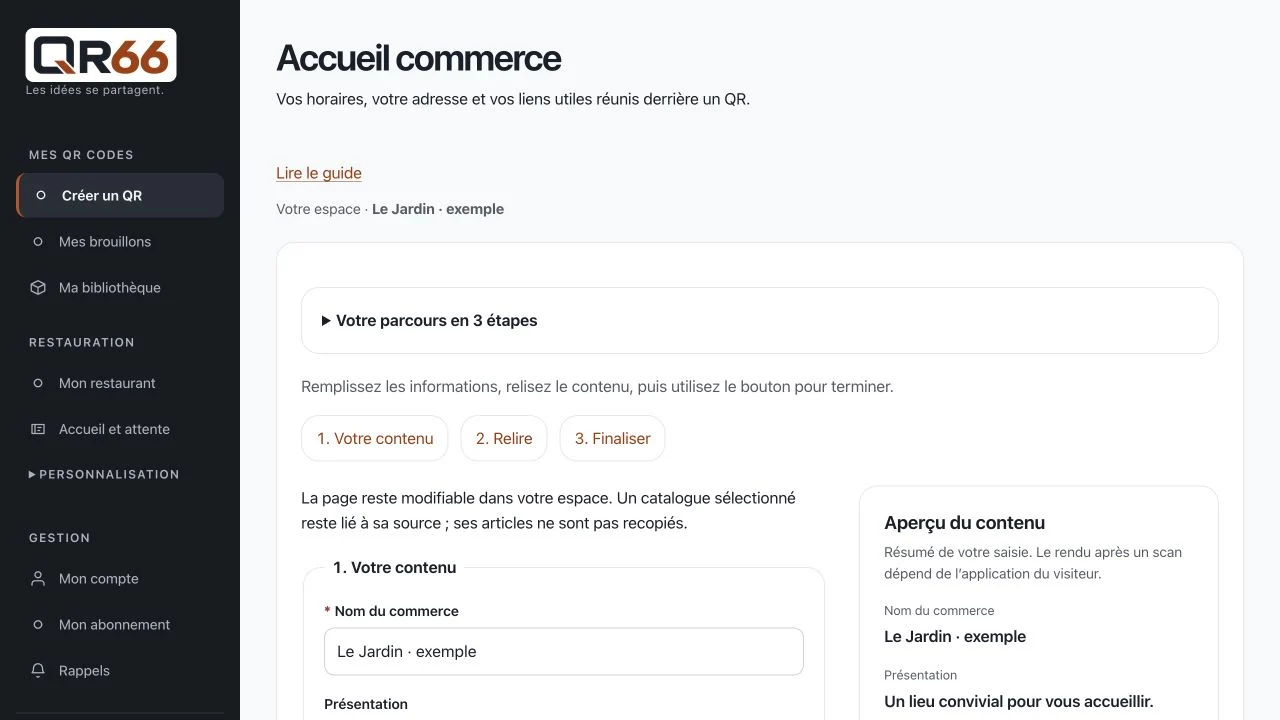 Écran QR66 : Créer la page de votre commerce