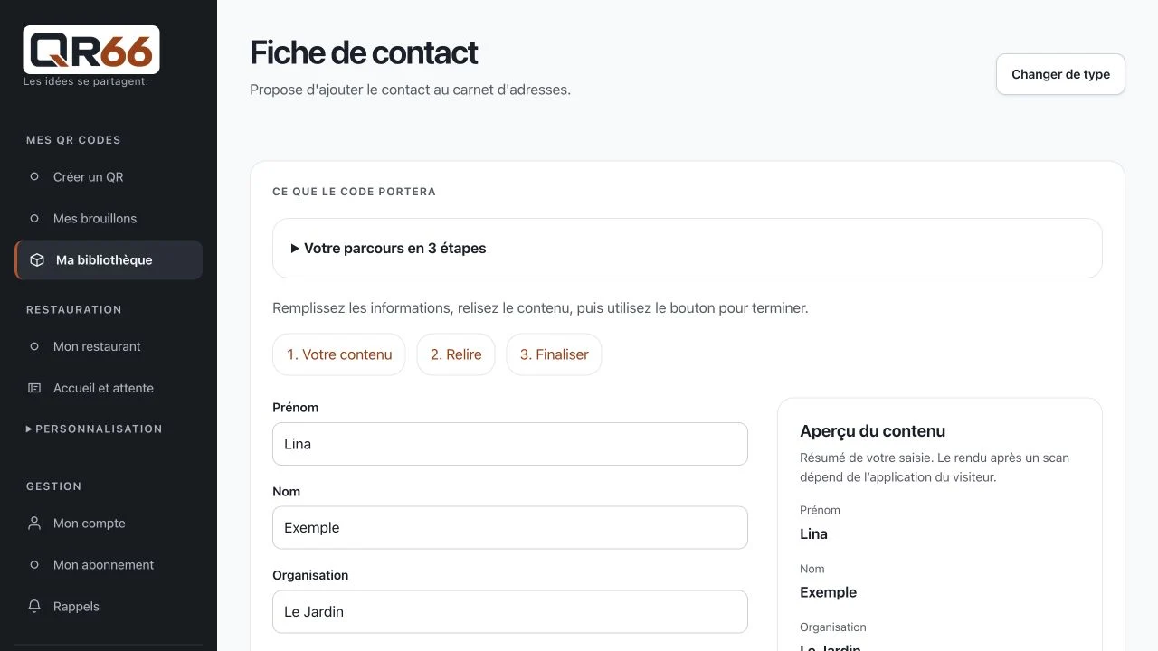 Écran QR66 : Créer une carte de contact