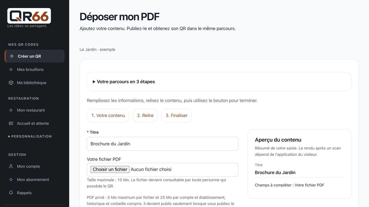 Écran QR66 : Partager un document PDF