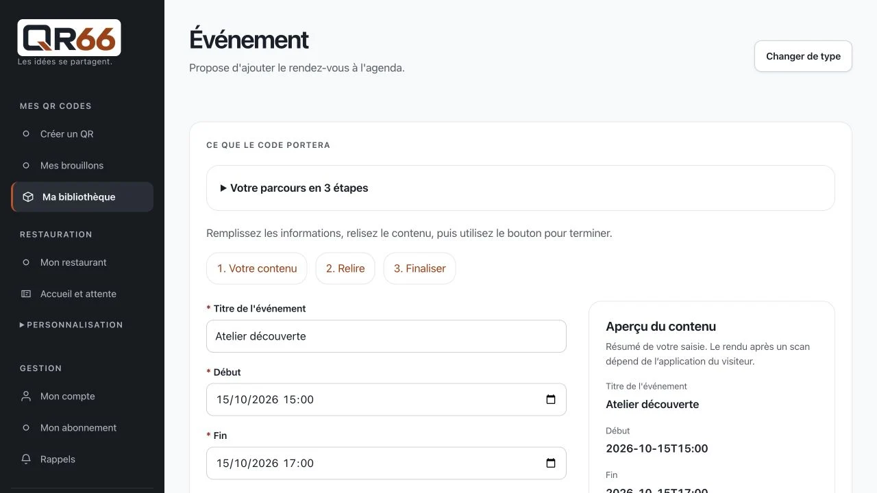 Écran QR66 : Partager un événement