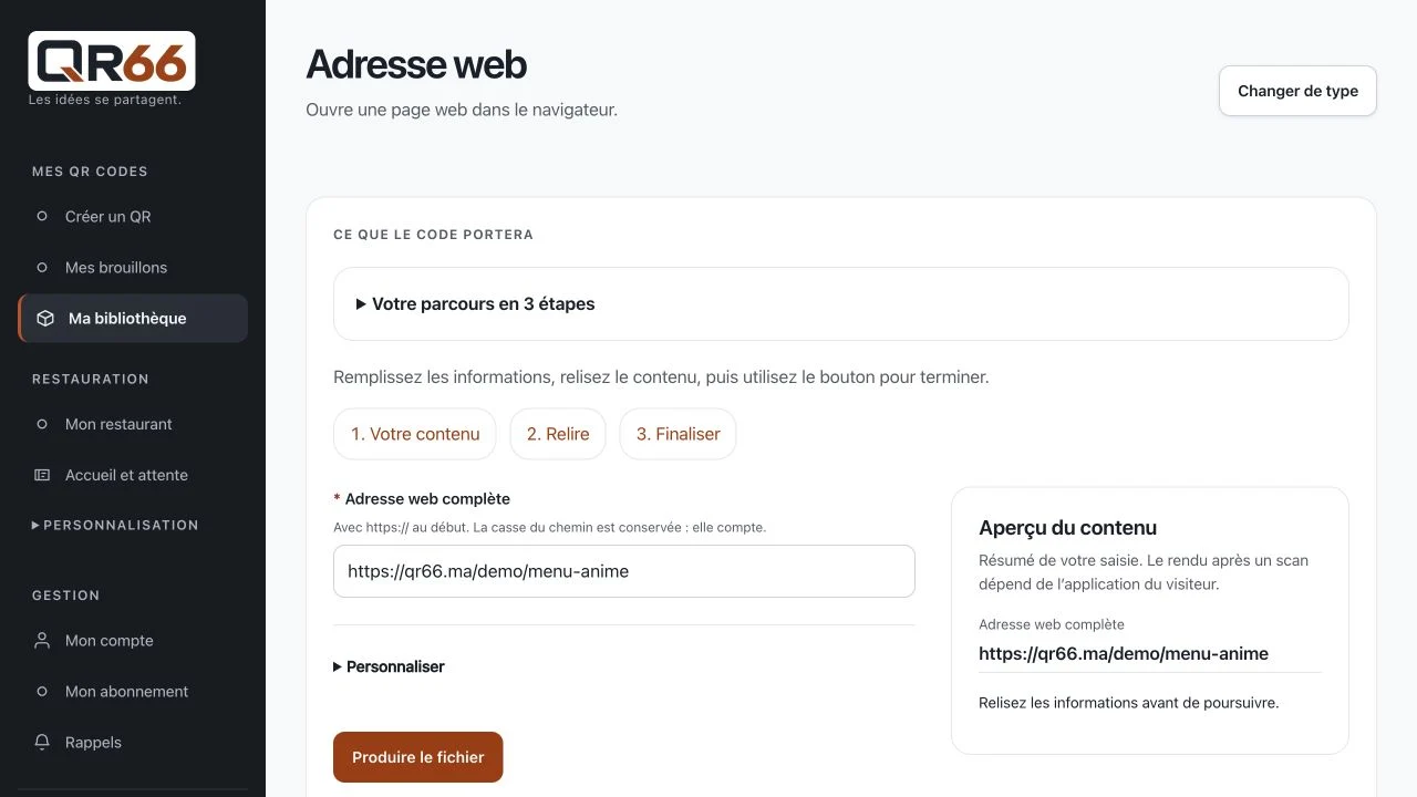 Écran QR66 : Partager un site ou un réseau social