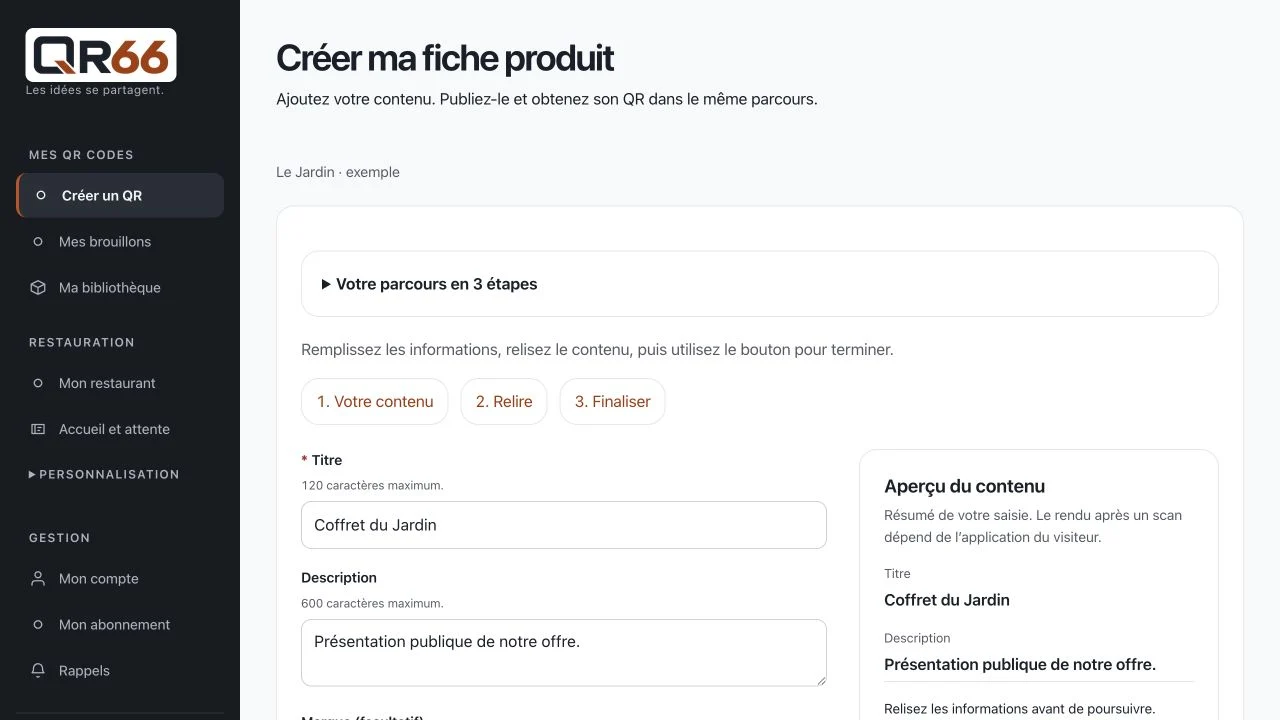 Écran QR66 : Créer une fiche produit