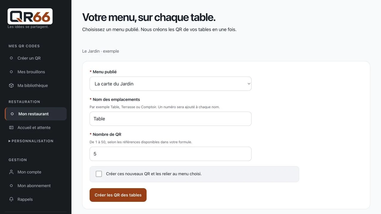Écran QR66 : Préparer le service restaurant