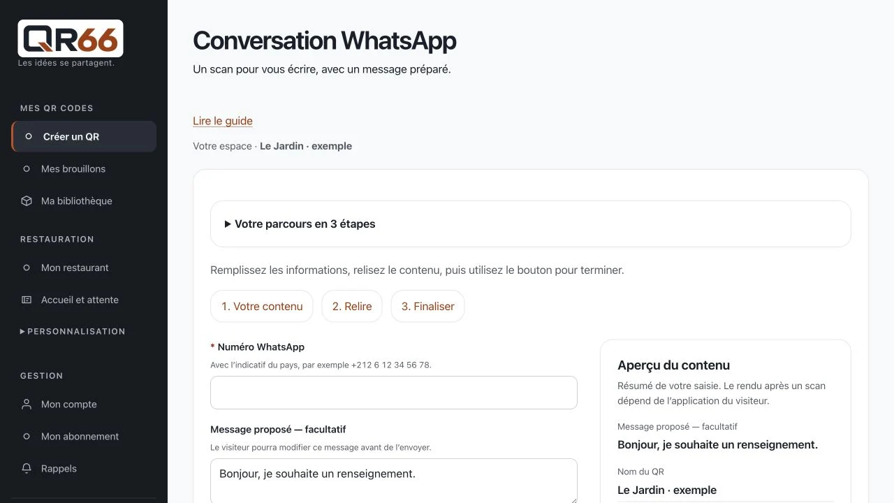 Écran QR66 : Ouvrir une conversation WhatsApp