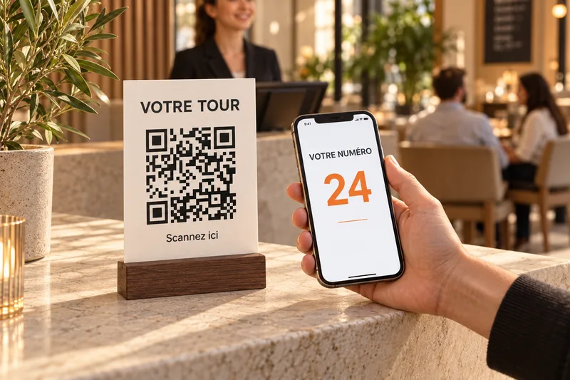 À l’accueil d’un restaurant, un QR sur le comptoir permet de prendre un numéro de file d’attente sur un téléphone.